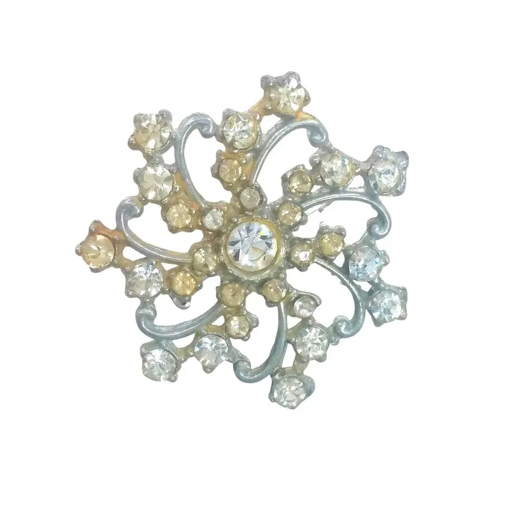 Vintage Silver Tone Flower Brooch 1970s Rhinestone Pin Starburst Retro Costume